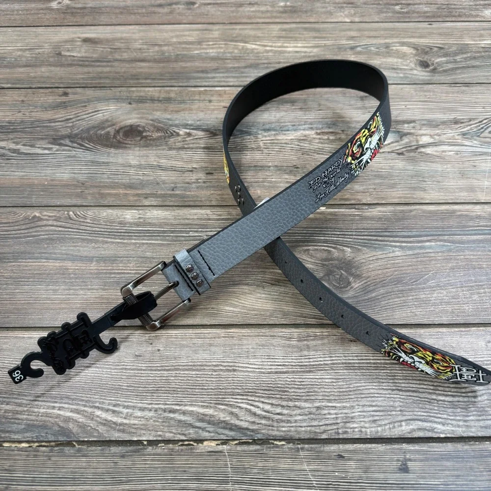Ed Hardy Men Size 36 Belt Grey‎ Tiger Tattoo Love Kills Slowly VB97510EHQA New